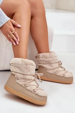 Clearance Boto Śniegowce Z Futerkiem I Wiązaniem Beżowe Silvara Beżowy