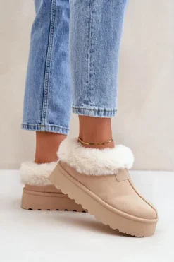 Damskie Boto Śniegowce Z Niską Cholewką Z Futerkiem Na Platformie Eko Zamszowe Jasnobeżowe Neathoria