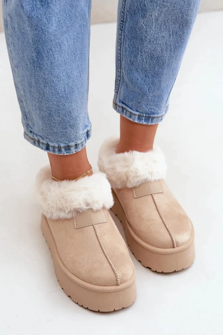 Damskie Boto Śniegowce Z Niską Cholewką Z Futerkiem Na Platformie Eko Zamszowe Jasnobeżowe Neathoria