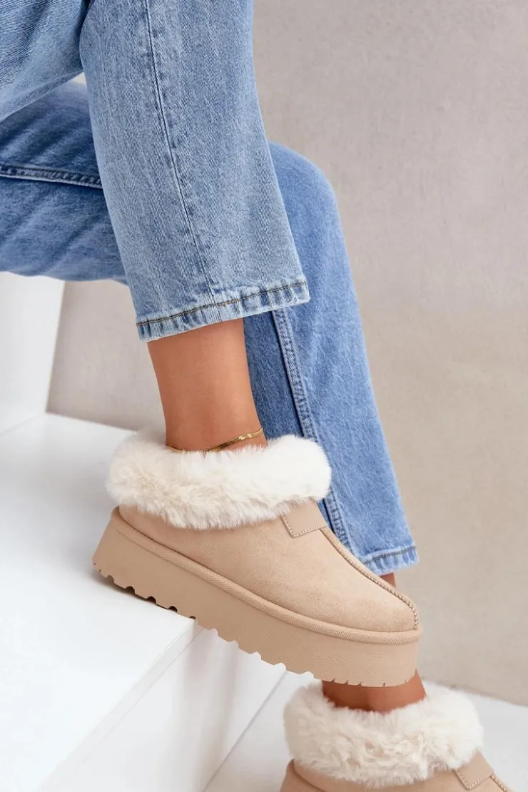 Damskie Boto Śniegowce Z Niską Cholewką Z Futerkiem Na Platformie Eko Zamszowe Jasnobeżowe Neathoria