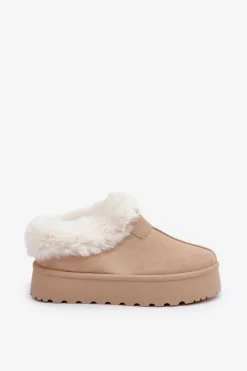 Damskie Boto Śniegowce Z Niską Cholewką Z Futerkiem Na Platformie Eko Zamszowe Jasnobeżowe Neathoria