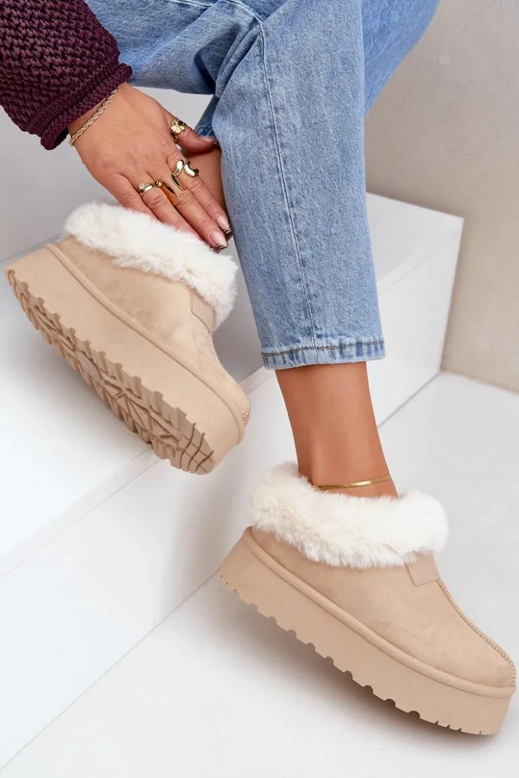 Damskie Boto Śniegowce Z Niską Cholewką Z Futerkiem Na Platformie Eko Zamszowe Jasnobeżowe Neathoria