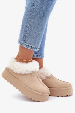 Damskie Boto Śniegowce Z Niską Cholewką Z Futerkiem Na Platformie Eko Zamszowe Jasnobeżowe Neathoria