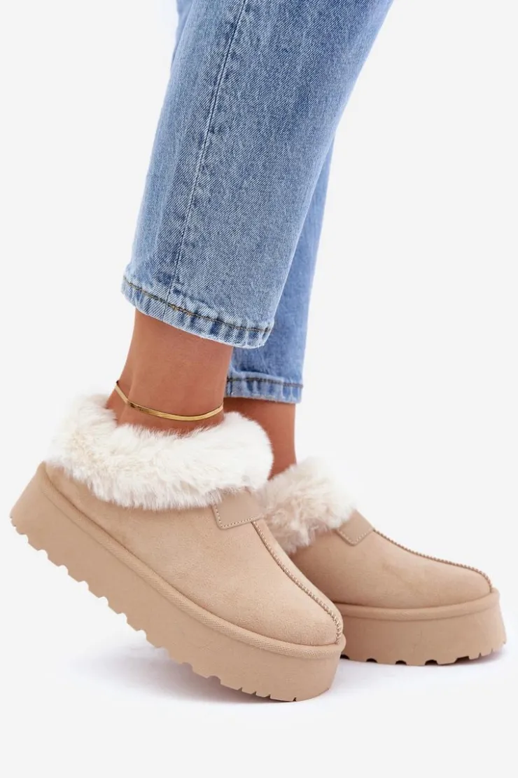Damskie Boto Śniegowce Z Niską Cholewką Z Futerkiem Na Platformie Eko Zamszowe Jasnobeżowe Neathoria