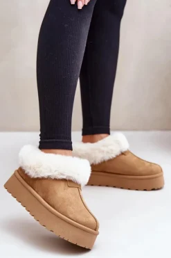 Damskie Boto Śniegowce Z Niską Cholewką Z Futerkiem Na Platformie Eko Zamszowe Camel Neathoria