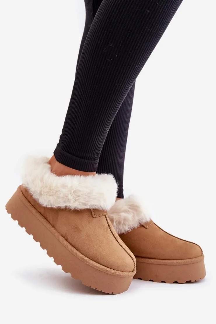 Damskie Boto Śniegowce Z Niską Cholewką Z Futerkiem Na Platformie Eko Zamszowe Camel Neathoria