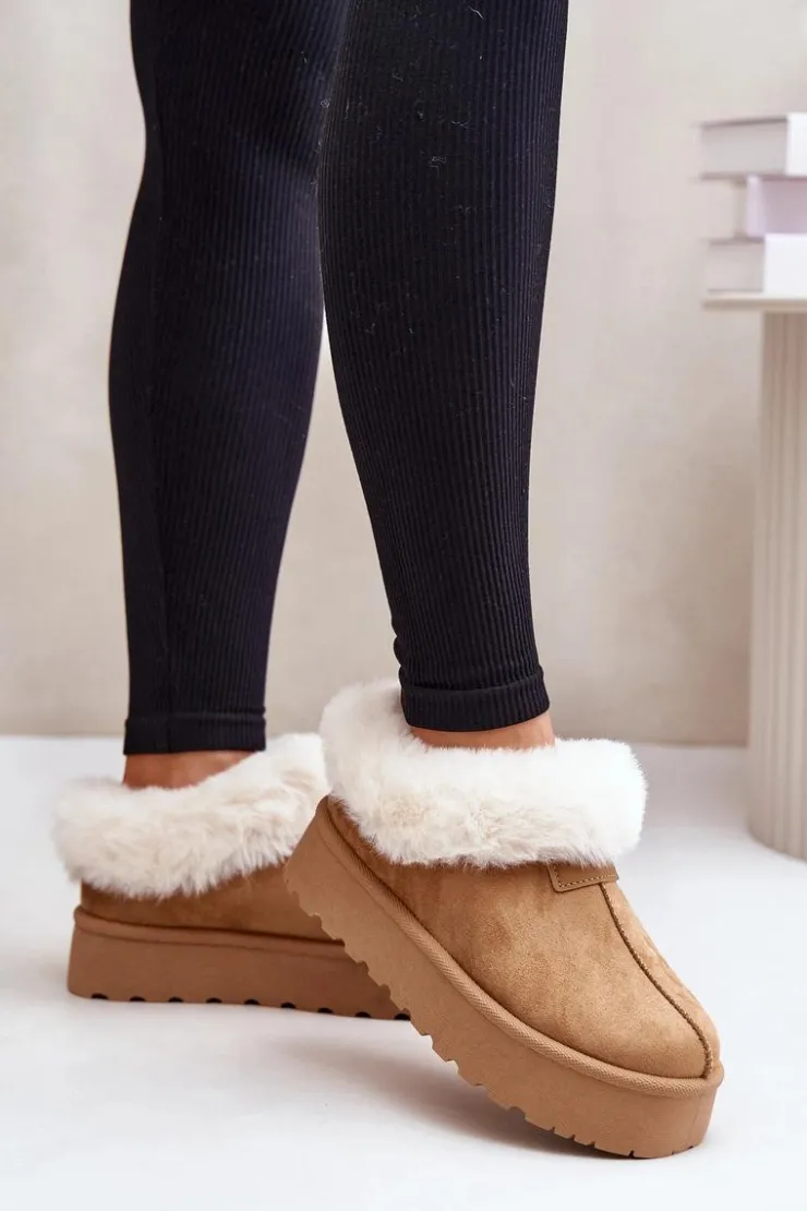 Damskie Boto Śniegowce Z Niską Cholewką Z Futerkiem Na Platformie Eko Zamszowe Camel Neathoria