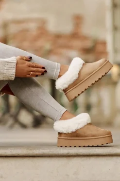 Damskie Boto Śniegowce Z Niską Cholewką Z Futerkiem Na Platformie Eko Zamszowe Camel Neathoria