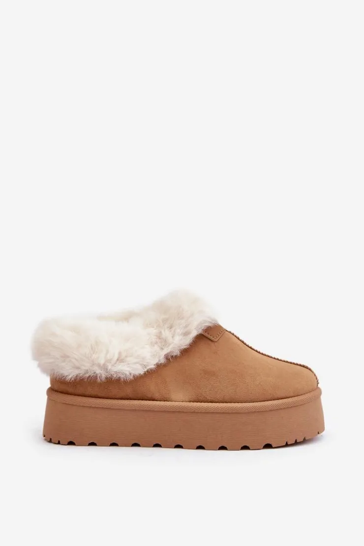 Damskie Boto Śniegowce Z Niską Cholewką Z Futerkiem Na Platformie Eko Zamszowe Camel Neathoria