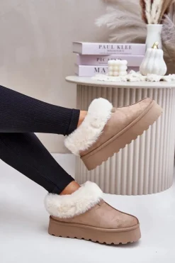 Boto Śniegowce Z Niską Cholewką Z Futerkiem Na Platformie Eko Zamszowe Ciemnobeżowe Neathoria