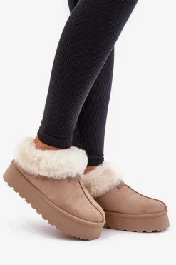 Boto Śniegowce Z Niską Cholewką Z Futerkiem Na Platformie Eko Zamszowe Ciemnobeżowe Neathoria