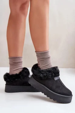 Boto Śniegowce Damskie*Śniegowce Z Niską Cholewką Z Futerkiem Na Platformie Eko Zamszowe Czarne Neathoria
