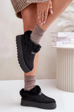 Boto Śniegowce Damskie*Śniegowce Z Niską Cholewką Z Futerkiem Na Platformie Eko Zamszowe Czarne Neathoria