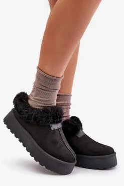 Boto Śniegowce Damskie*Śniegowce Z Niską Cholewką Z Futerkiem Na Platformie Eko Zamszowe Czarne Neathoria