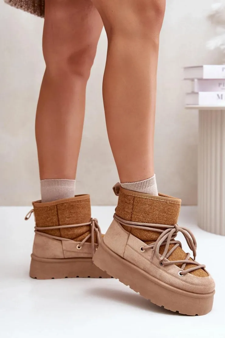 New Boto Śniegowce Z Wiązaniem Na Platformie Brązowe Mavora Brązowy