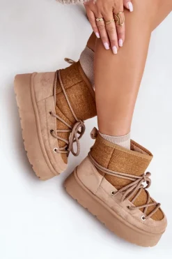 New Boto Śniegowce Z Wiązaniem Na Platformie Brązowe Mavora Brązowy