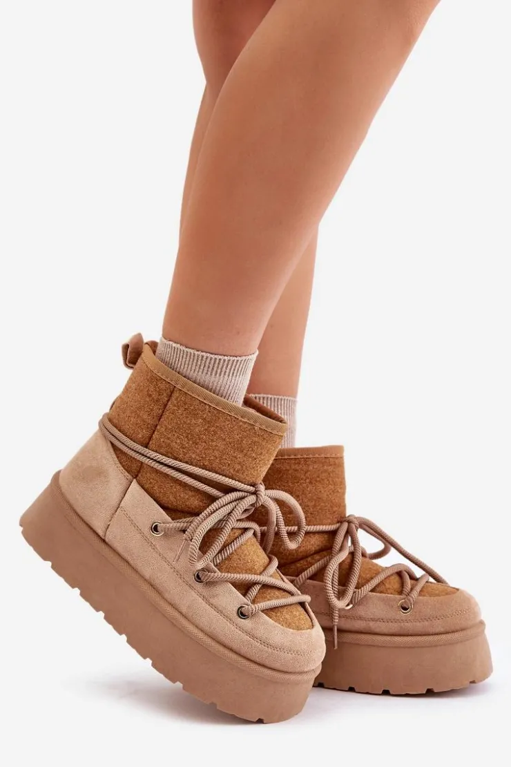 New Boto Śniegowce Z Wiązaniem Na Platformie Brązowe Mavora Brązowy