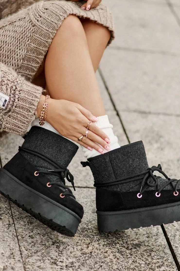 Damskie Boto Śniegowce Z Wiązaniem Na Platformie Czarne Mavora