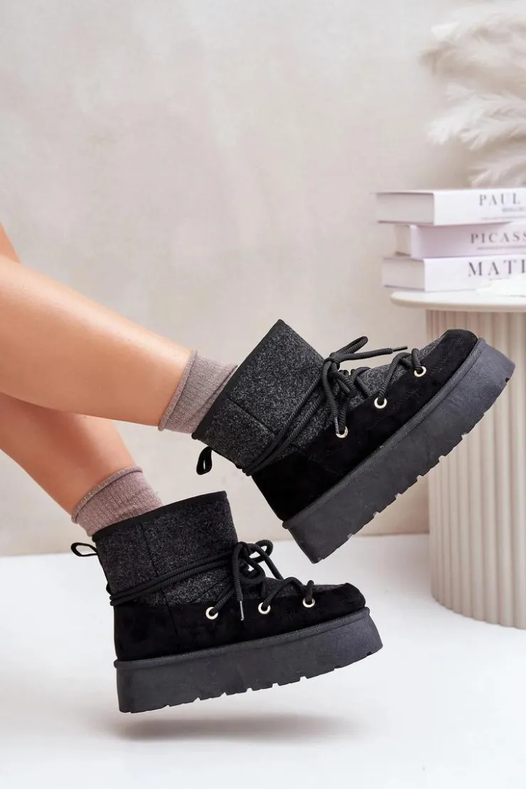 Damskie Boto Śniegowce Z Wiązaniem Na Platformie Czarne Mavora