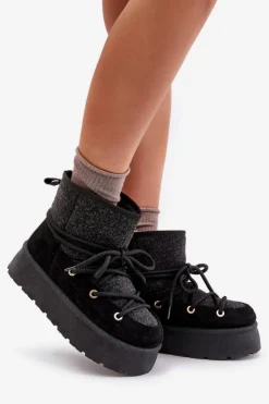 Damskie Boto Śniegowce Z Wiązaniem Na Platformie Czarne Mavora