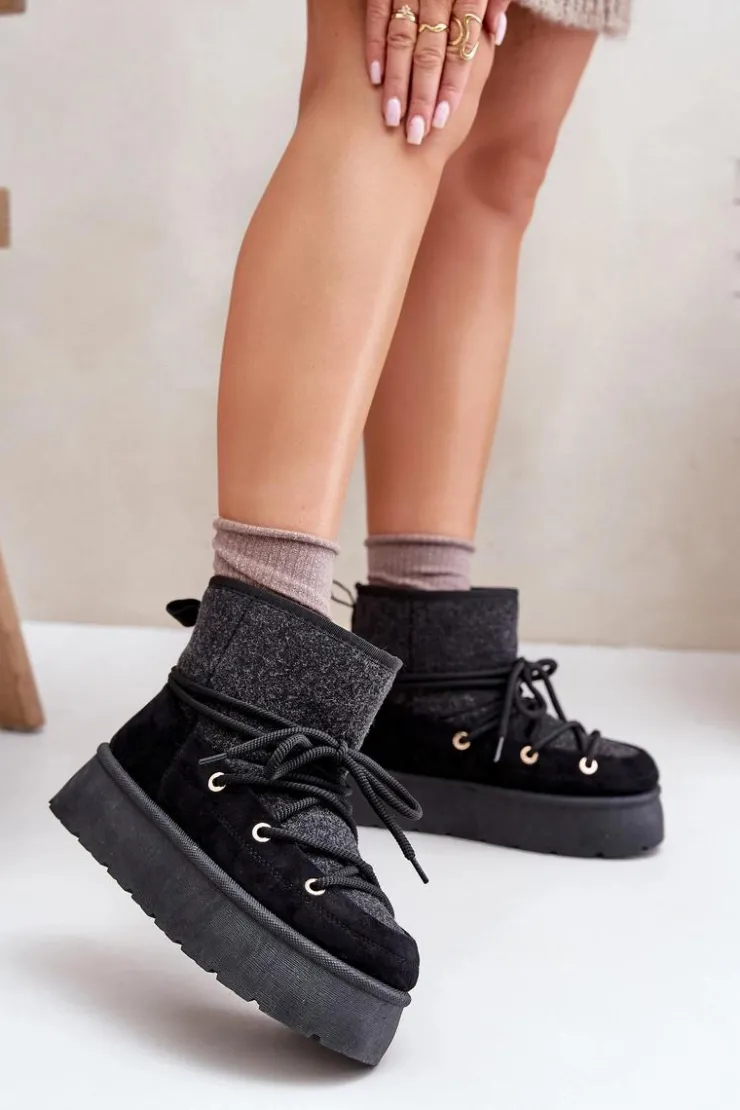 Damskie Boto Śniegowce Z Wiązaniem Na Platformie Czarne Mavora