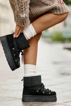 Damskie Boto Śniegowce Z Wiązaniem Na Platformie Czarne Mavora