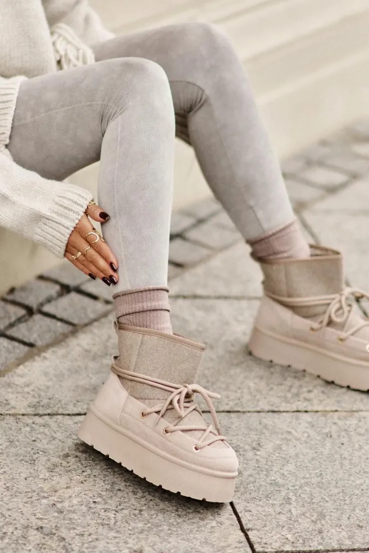 Boto Śniegowce Damskie*Śniegowce Z Wiązaniem Na Platformie Beżowe Mavora Beżowy