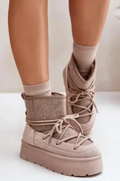Boto Śniegowce Damskie*Śniegowce Z Wiązaniem Na Platformie Beżowe Mavora Beżowy