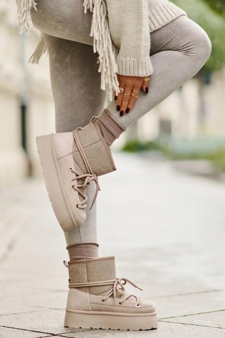 Boto Śniegowce Damskie*Śniegowce Z Wiązaniem Na Platformie Beżowe Mavora Beżowy