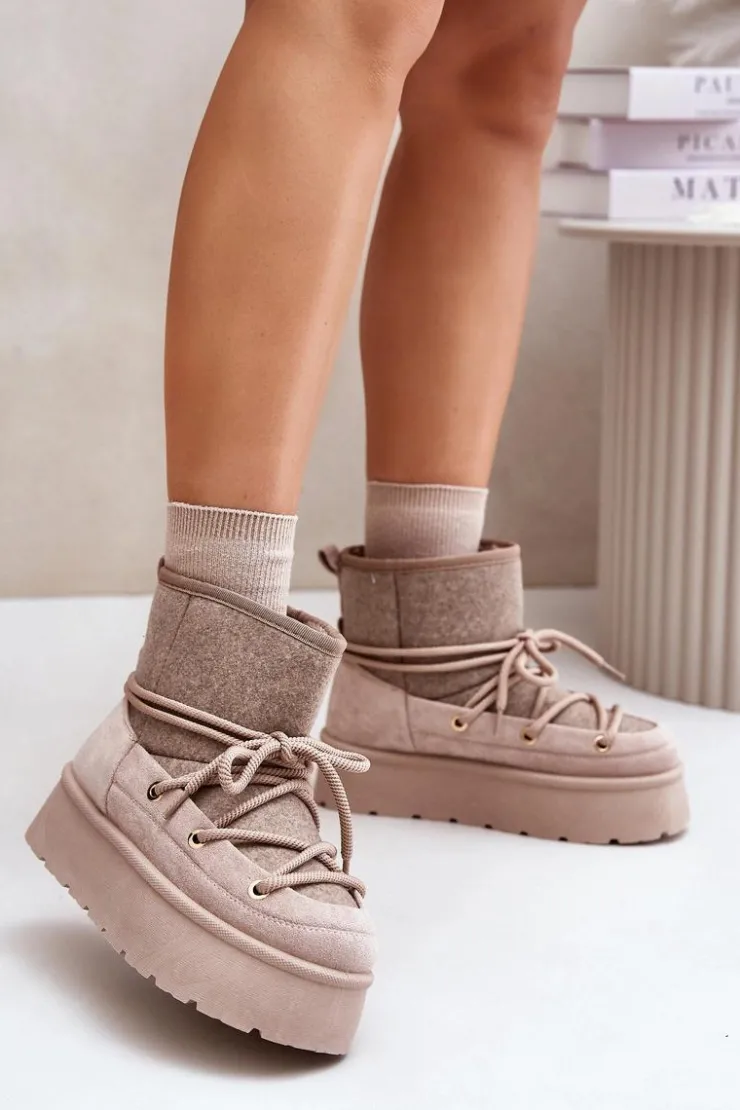 Boto Śniegowce Damskie*Śniegowce Z Wiązaniem Na Platformie Beżowe Mavora Beżowy