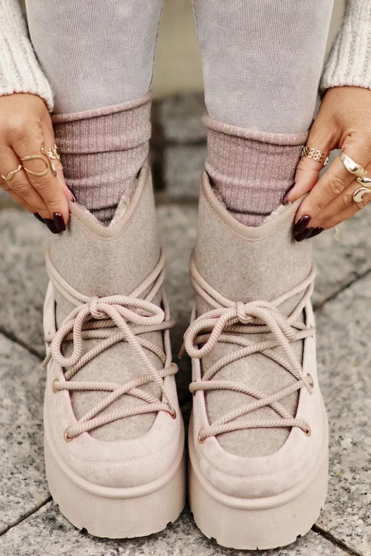 Boto Śniegowce Damskie*Śniegowce Z Wiązaniem Na Platformie Beżowe Mavora Beżowy