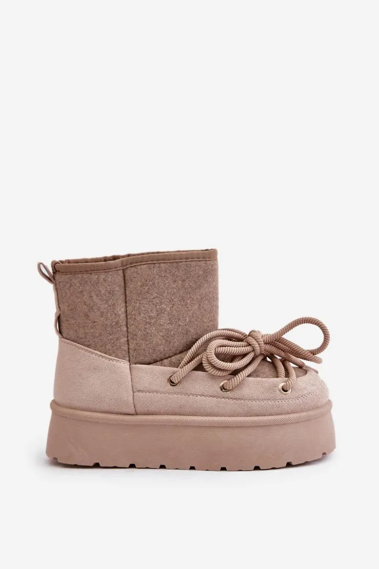 Boto Śniegowce Damskie*Śniegowce Z Wiązaniem Na Platformie Beżowe Mavora Beżowy