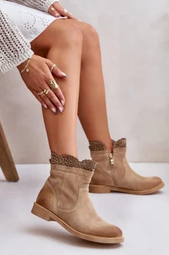 Boto Botki Ażurowe|Brązowe I Beżowe Botki*Niskie Botki Damskie Na Płaskim Obcasie Zamszowe Lewski 3624 Beżowe Beżowy