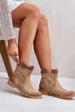 Boto Botki Ażurowe|Brązowe I Beżowe Botki*Niskie Botki Damskie Na Płaskim Obcasie Zamszowe Lewski 3624 Beżowe Beżowy