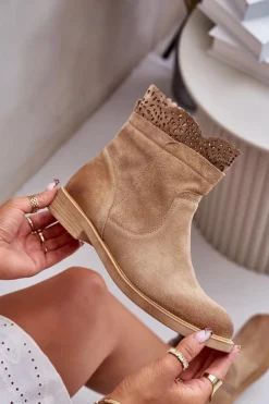 Boto Botki Ażurowe|Brązowe I Beżowe Botki*Niskie Botki Damskie Na Płaskim Obcasie Zamszowe Lewski 3624 Beżowe Beżowy