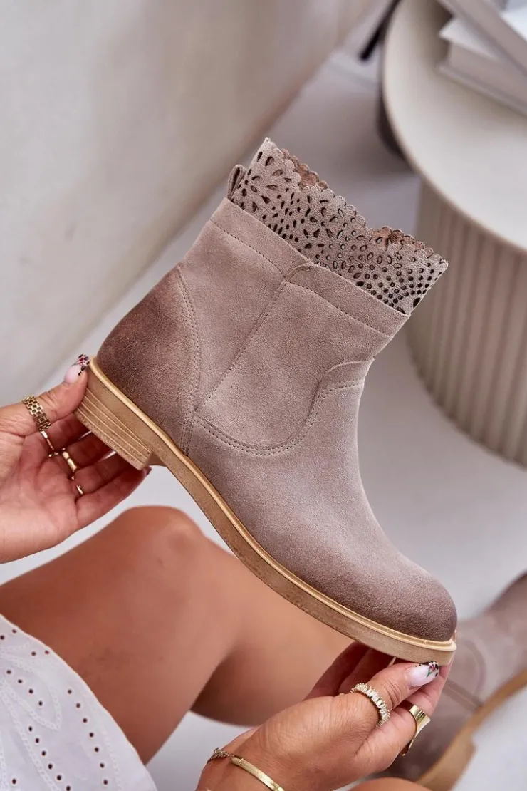 Online Boto Niskie Botki Damskie Na Płaskim Obcasie Zamszowe Lewski 3624 Cappucino Beżowy