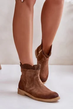 Boto Botki Ażurowe|Brązowe I Beżowe Botki*Niskie Botki Damskie Na Płaskim Obcasie Zamszowe Lewski 3624 Brązowe Brązowy
