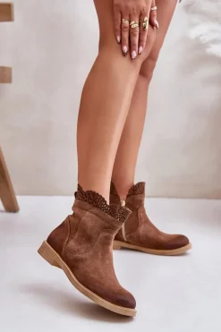 Boto Botki Ażurowe|Brązowe I Beżowe Botki*Niskie Botki Damskie Na Płaskim Obcasie Zamszowe Lewski 3624 Brązowe Brązowy