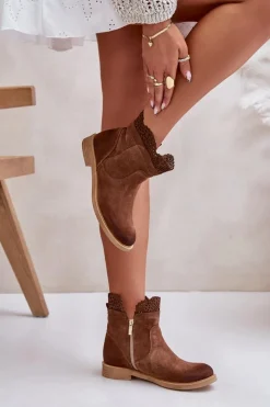 Boto Botki Ażurowe|Brązowe I Beżowe Botki*Niskie Botki Damskie Na Płaskim Obcasie Zamszowe Lewski 3624 Brązowe Brązowy