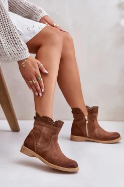 Boto Botki Ażurowe|Brązowe I Beżowe Botki*Niskie Botki Damskie Na Płaskim Obcasie Zamszowe Lewski 3624 Brązowe Brązowy
