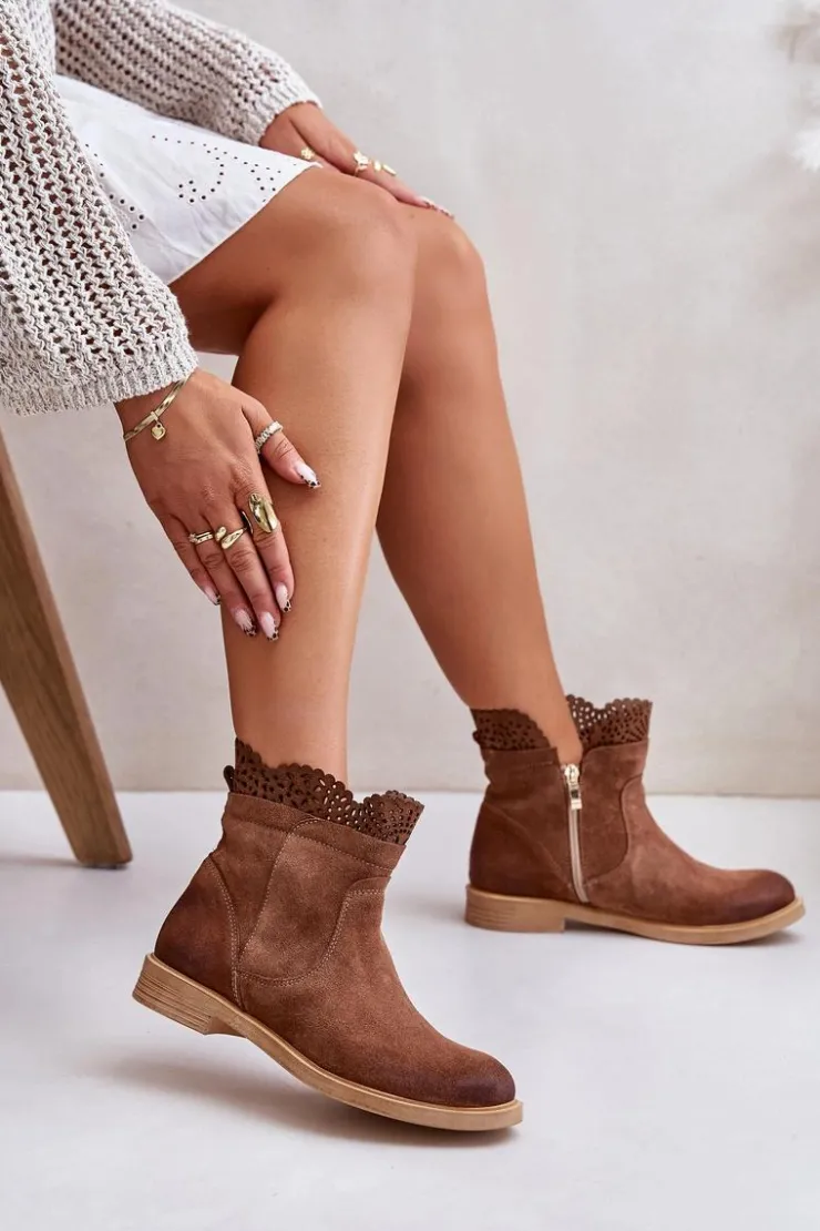 Boto Botki Ażurowe|Brązowe I Beżowe Botki*Niskie Botki Damskie Na Płaskim Obcasie Zamszowe Lewski 3624 Brązowe Brązowy