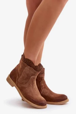 Boto Botki Ażurowe|Brązowe I Beżowe Botki*Niskie Botki Damskie Na Płaskim Obcasie Zamszowe Lewski 3624 Brązowe Brązowy