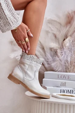 Hot Boto Niskie Botki Damskie Na Płaskim Obcasie Skórzane Lewski 3624 Złote Przecierane