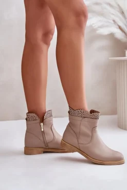 Damskie Boto Niskie Botki Damskie Na Płaskim Obcasie Skórzane Lewski 3624 Beżowe