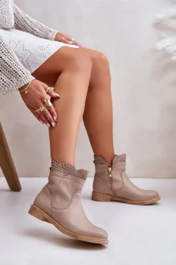 Damskie Boto Niskie Botki Damskie Na Płaskim Obcasie Skórzane Lewski 3624 Beżowe