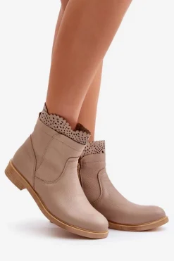 Damskie Boto Niskie Botki Damskie Na Płaskim Obcasie Skórzane Lewski 3624 Beżowe