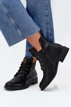 Discount Boto Niskie Botki Damskie Na Płaskim Obcasie Z Ozdobnym Detalem Ocieplane Czarne Cylira Czarny