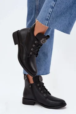 Discount Boto Niskie Botki Damskie Na Płaskim Obcasie Z Ozdobnym Detalem Ocieplane Czarne Cylira Czarny