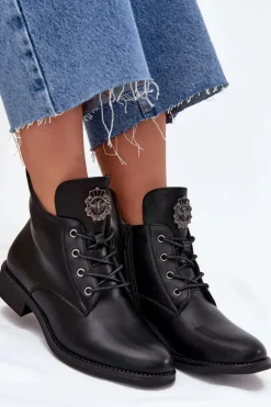 Discount Boto Niskie Botki Damskie Na Płaskim Obcasie Z Ozdobnym Detalem Ocieplane Czarne Cylira Czarny