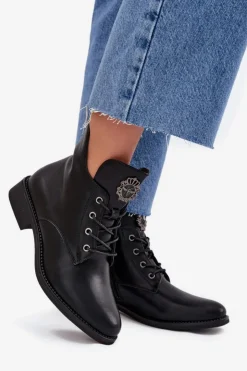 Discount Boto Niskie Botki Damskie Na Płaskim Obcasie Z Ozdobnym Detalem Ocieplane Czarne Cylira Czarny